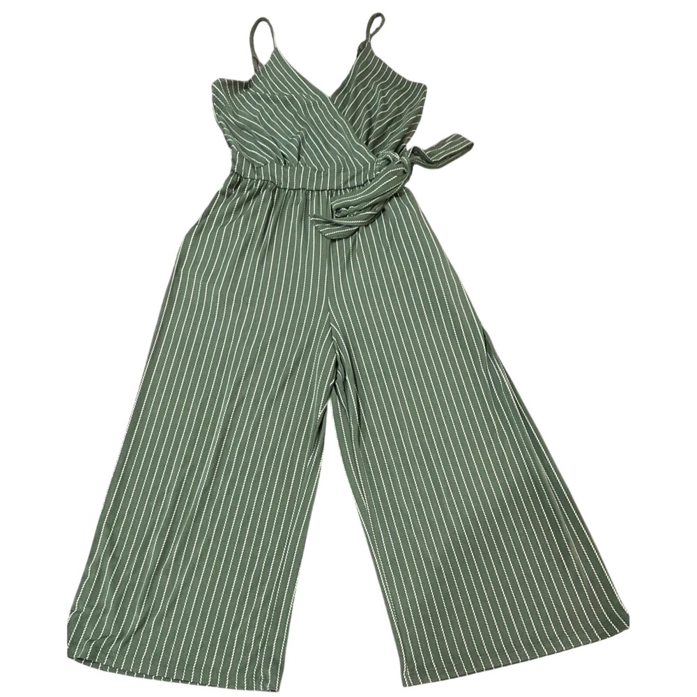Kaileigh‎ Womens Green Striped Wide Leg Jumpsuit Surplice V-Neck Size S J17661